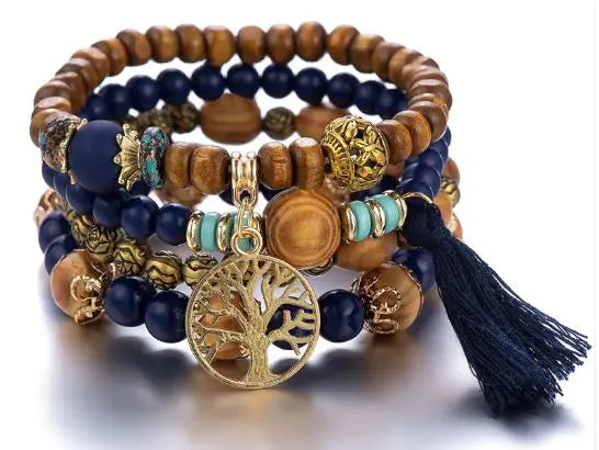 Wood Beaded Tree of Life Pendant Bracelet