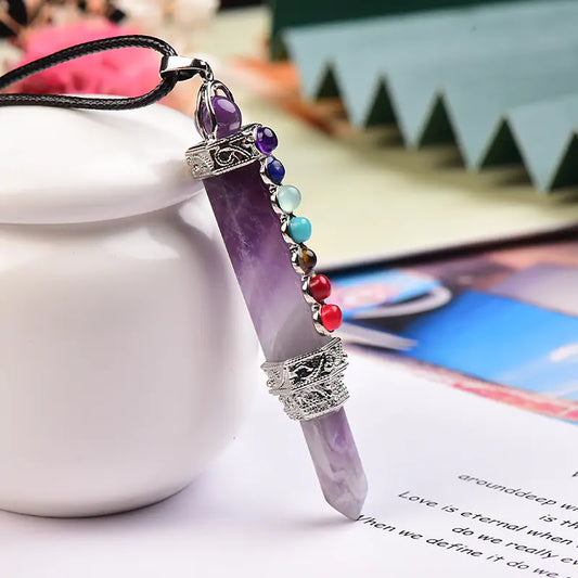 Chakra Bead Pencil Point Pendulum - Natural Stone in Silver Cage