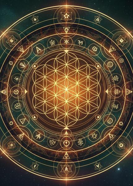 Cosmic Flower of Life mandala with sacred geometry