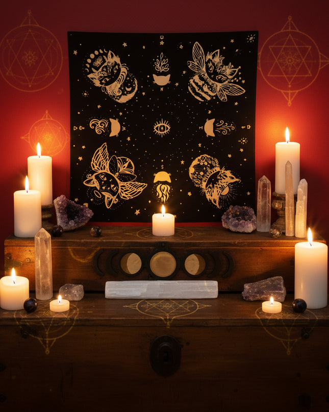 Sacred Tarot Tablecloth - Mandala & Moon Phase Divination Cloth