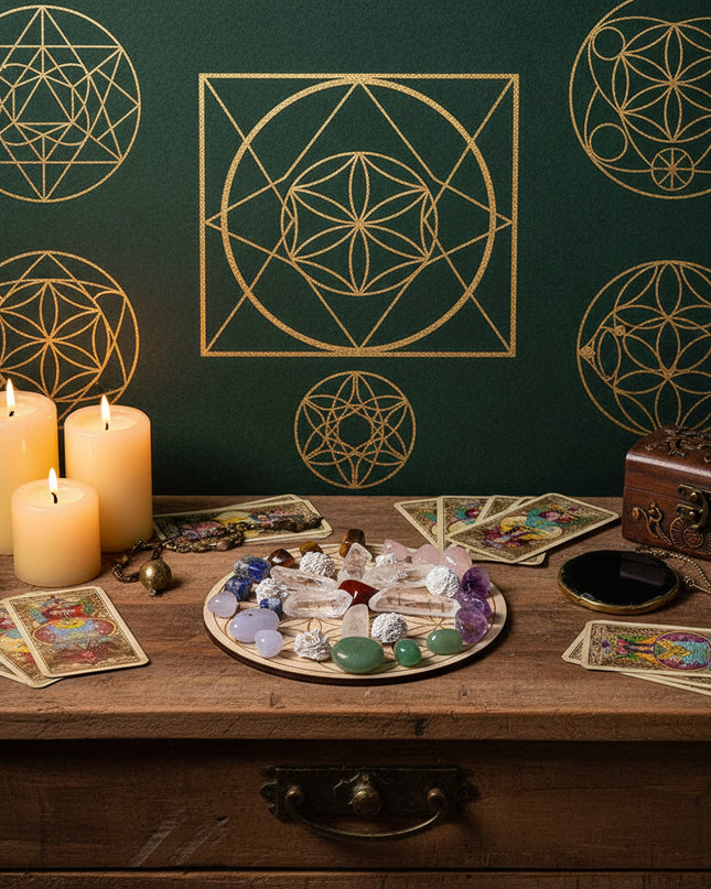 Seven Star Crystal Grid Board - Sacred Geometry Meditation Plate with Stones