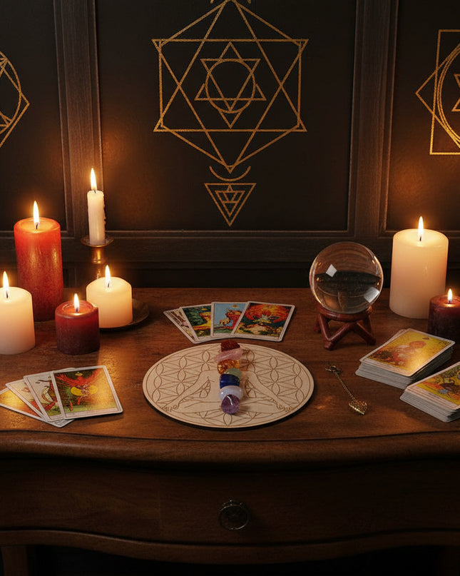 Seven Star Crystal Grid Board - Sacred Geometry Meditation Plate with Stones