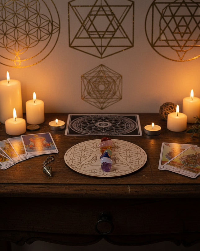Seven Star Crystal Grid Board - Sacred Geometry Meditation Plate with Stones