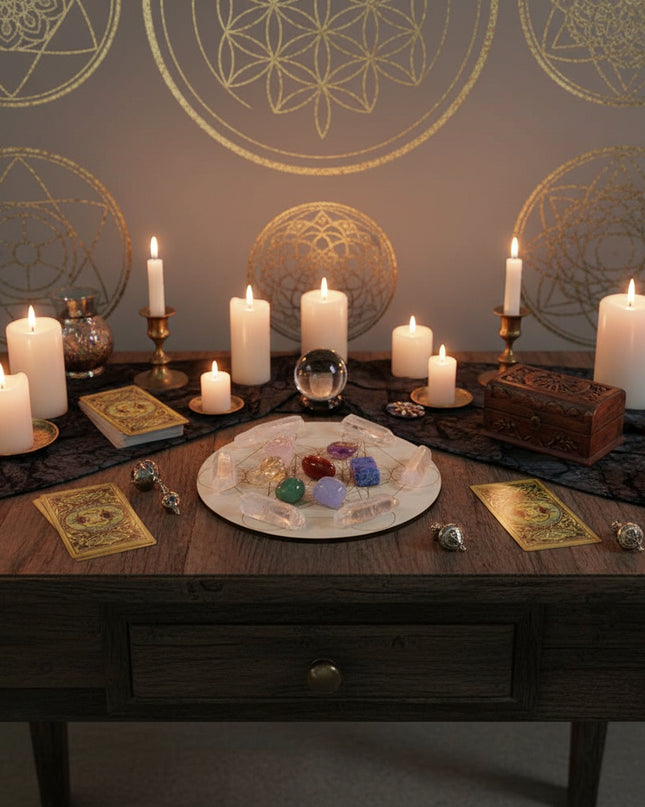 Seven Star Crystal Grid Board - Sacred Geometry Meditation Plate with Stones