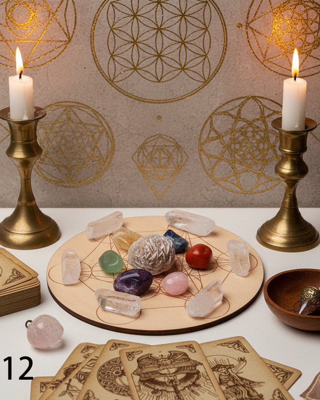 Seven Star Crystal Grid Board - Sacred Geometry Meditation Plate with Stones