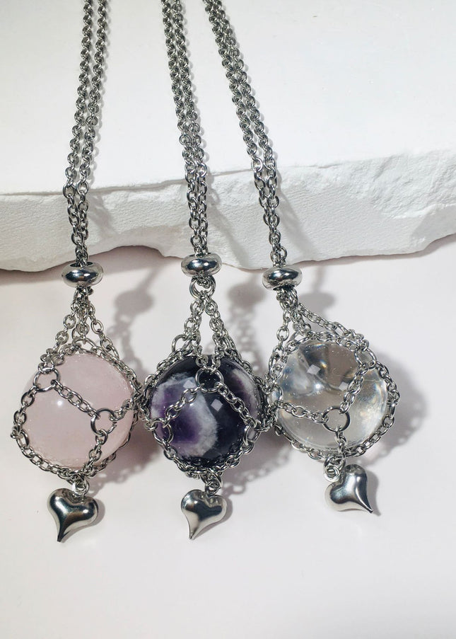 Natural Crystal Heart Cage Pendant - Choose Your Healing Stone Necklace