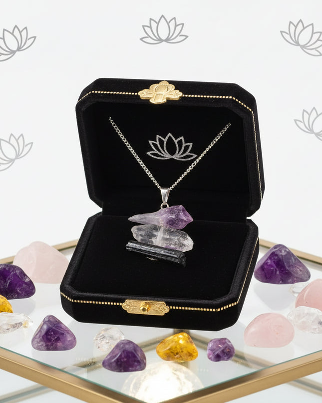 Natural Stone Healing Pendants -Raw Crystal Necklaces - Amethyst, Citrine Quartz, Rose Quartz, Black Tourmaline