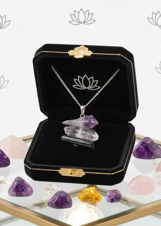 Natural Stone Healing Pendants -Raw Crystal Necklaces - Amethyst, Citrine Quartz, Rose Quartz, Black Tourmaline