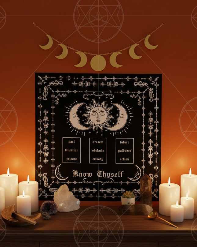 Sacred Tarot Tablecloth - Mandala & Moon Phase Divination Cloth