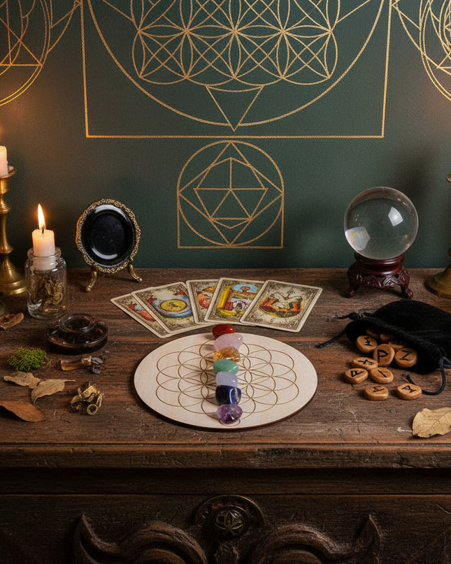 Seven Star Crystal Grid Board - Sacred Geometry Meditation Plate with Stones