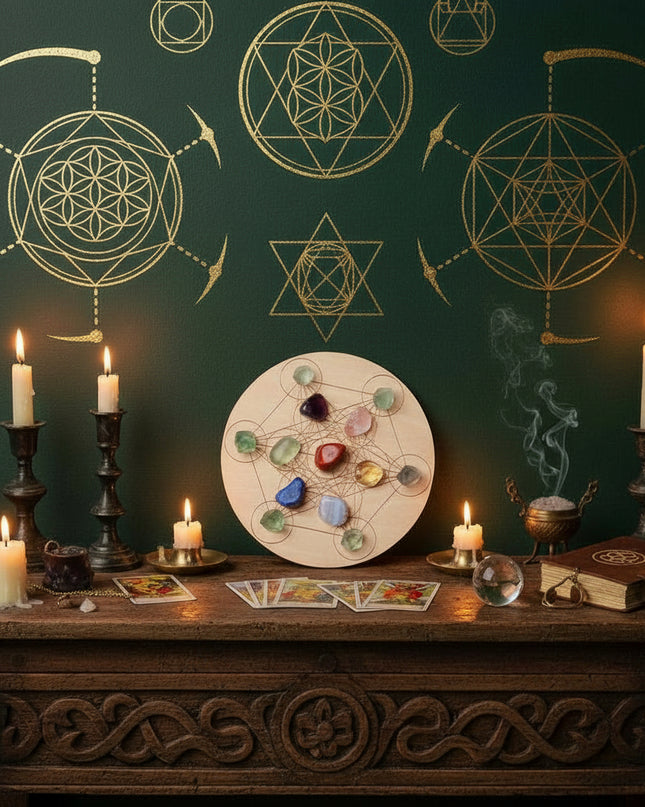 Seven Star Crystal Grid Board - Sacred Geometry Meditation Plate with Stones