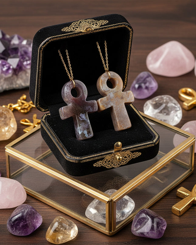 Crystal Agate Ankh Pendant - Egyptian Key of Life Symbol Necklace