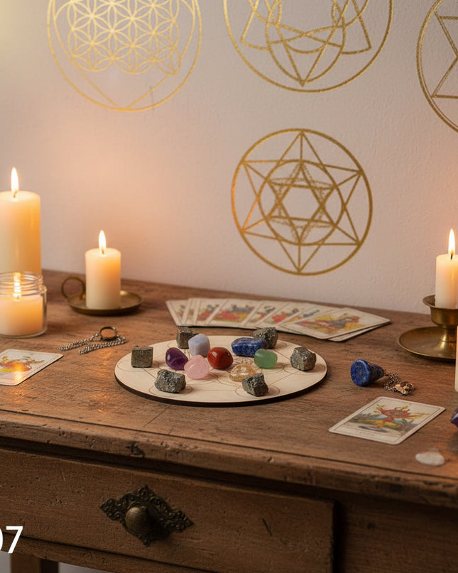 Seven Star Crystal Grid Board - Sacred Geometry Meditation Plate with Stones