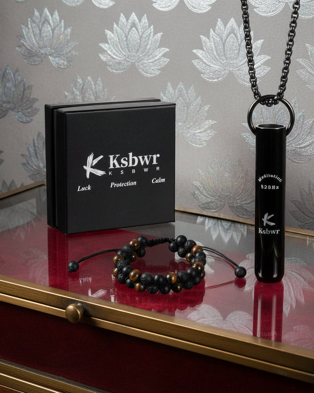 528Hz Love Frequency Anxiety Relief Set - Breathing Necklace, Obsidian Bracelet & Ring