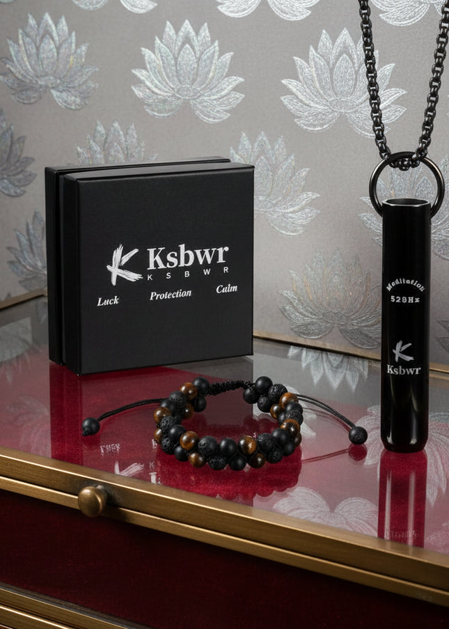 528Hz Love Frequency Anxiety Relief Set - Breathing Necklace, Obsidian Bracelet & Ring