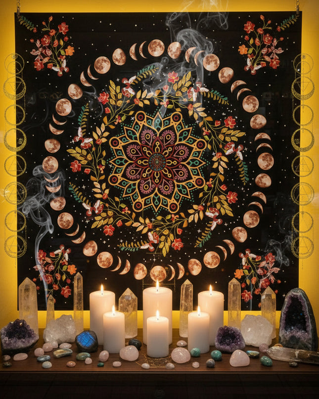 Sacred Tarot Tablecloth - Mandala & Moon Phase Divination Cloth