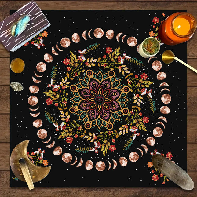 Sacred Tarot Tablecloth - Mandala & Moon Phase Divination Cloth