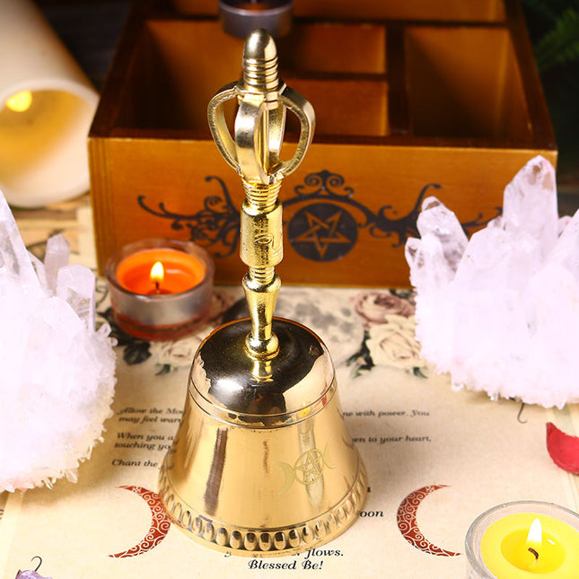 Triple Moon Pentagram Brass Bell - Witchcraft Ceremonial Ritual Tool