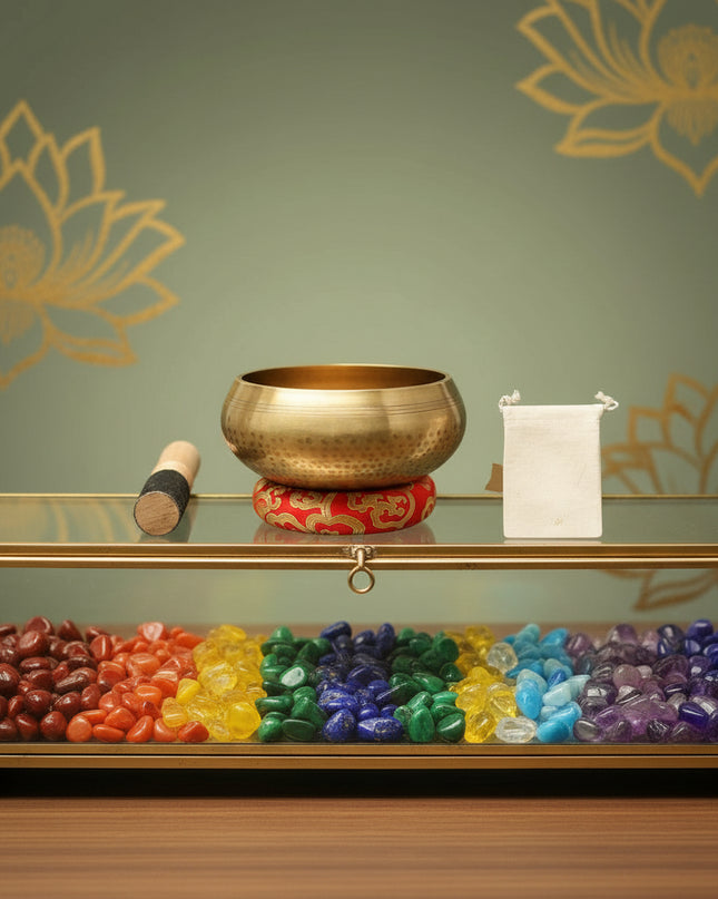 Bronze singing bowl with red base and wooden mallet on a white background