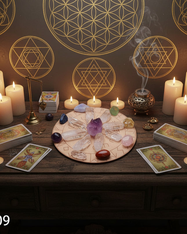 Seven Star Crystal Grid Board - Sacred Geometry Meditation Plate with Stones