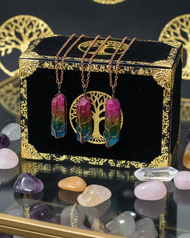 Tree of Life Wire-Wrapped Crystal Pendant - Chakra Stone Necklace