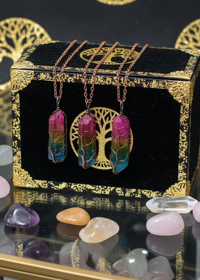 Tree of Life Wire-Wrapped Crystal Pendant - Chakra Stone Necklace