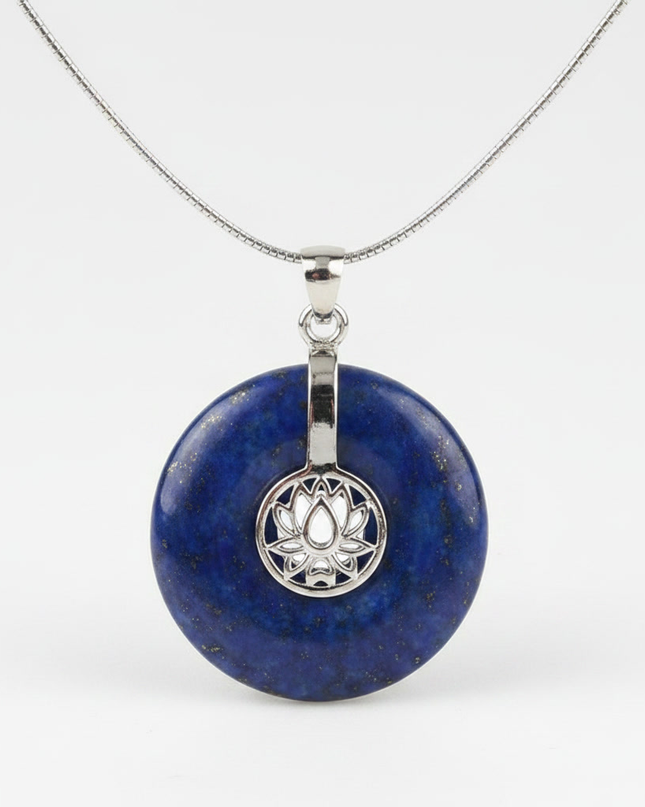 Lapis Lazuli lotus pendant necklace on silver chain – healing crystal jewelry for meditation and spiritual alignment.