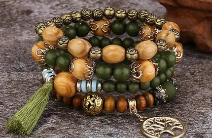 Wood Beaded Tree of Life Pendant Bracelet