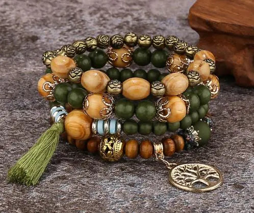 Wood Beaded Tree of Life Pendant Bracelet