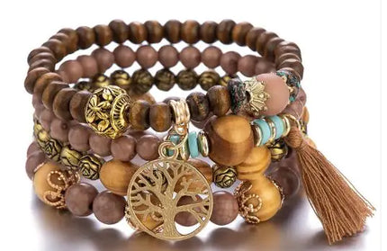 Wood Beaded Tree of Life Pendant Bracelet