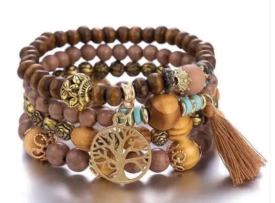 Wood Beaded Tree of Life Pendant Bracelet