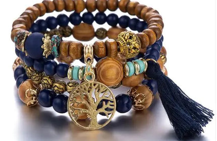 Wood Beaded Tree of Life Pendant Bracelet