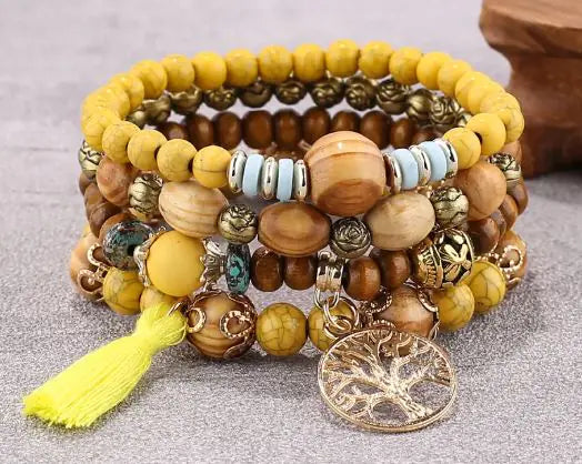 Wood Beaded Tree of Life Pendant Bracelet