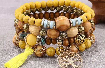 Wood Beaded Tree of Life Pendant Bracelet