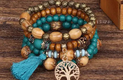 Wood Beaded Tree of Life Pendant Bracelet