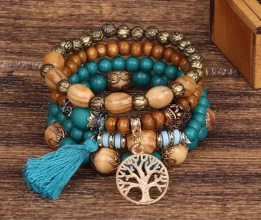 Wood Beaded Tree of Life Pendant Bracelet