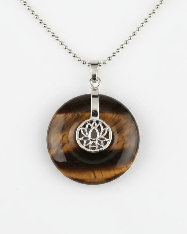 Tiger Eye lotus pendant necklace on silver chain – healing crystal jewelry for meditation and spiritual alignment.
