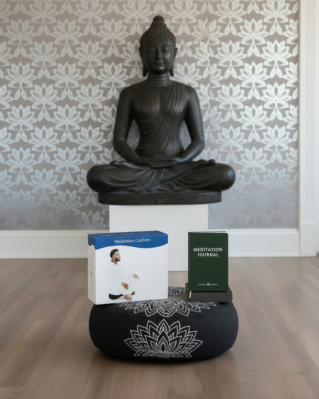 Yoga Bolster Meditation Floor Pillow Seat | Buckwheat Hull Filled Crescent Shaped Large Meditation Cushion with Removable Washable Cover + Carry Handle (Minimal Black)