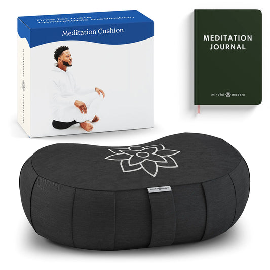 Yoga Bolster Meditation Floor Pillow Seat | Buckwheat Hull Filled Crescent Shaped Large Meditation Cushion with Removable Washable Cover + Carry Handle (Minimal Black)