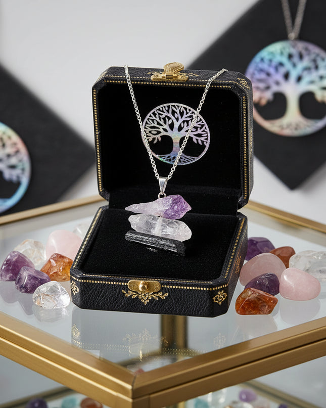 Natural Stone Healing Pendants -Raw Crystal Necklaces - Amethyst, Citrine Quartz, Rose Quartz, Black Tourmaline