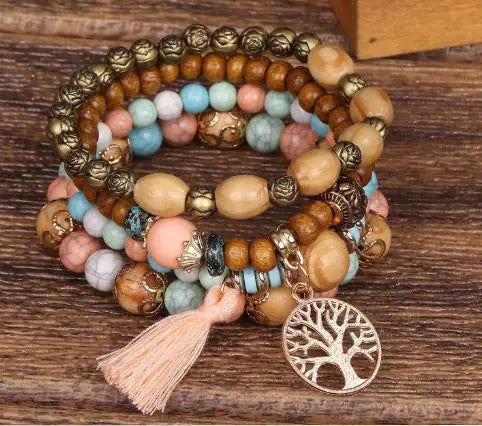 Wood Beaded Tree of Life Pendant Bracelet