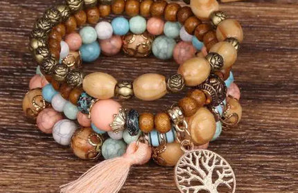 Wood Beaded Tree of Life Pendant Bracelet