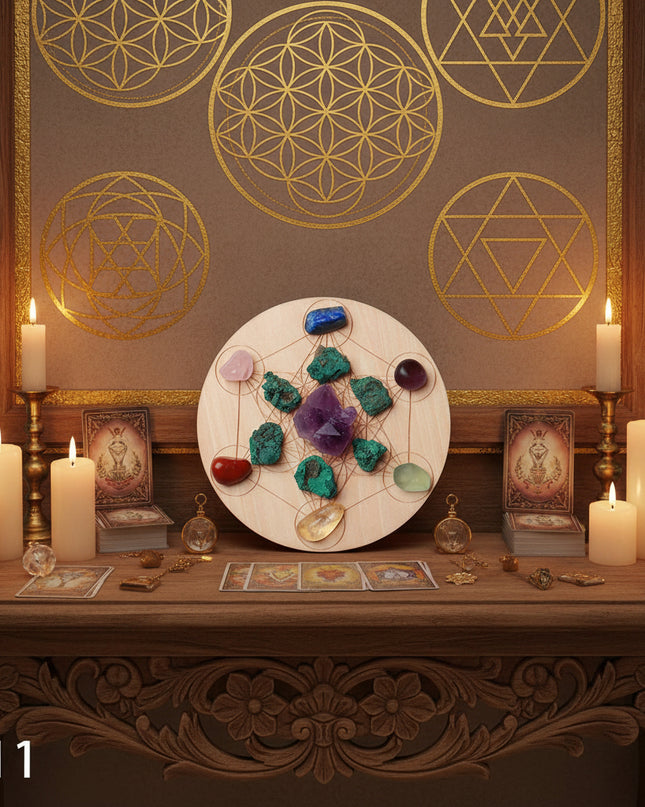 Seven Star Crystal Grid Board - Sacred Geometry Meditation Plate with Stones