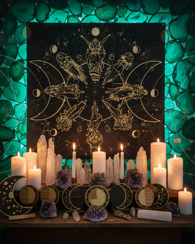 Sacred Tarot Tablecloth - Mandala & Moon Phase Divination Cloth