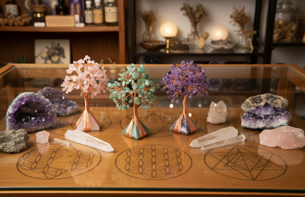 Amethyst, Rose Quartz, and Green Aventurine crystal trees displayed on sacred geometry altar.