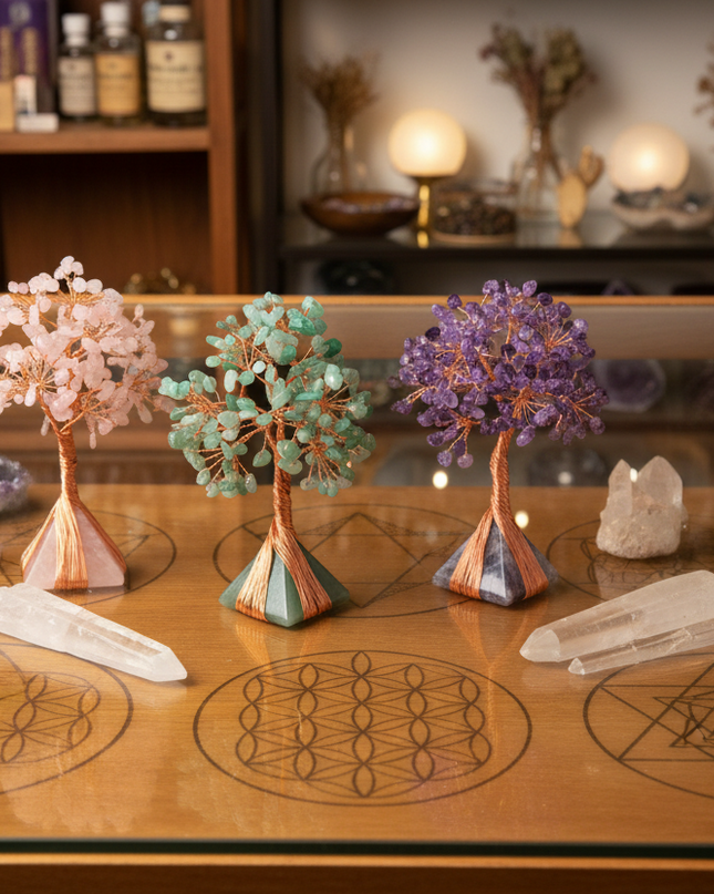 Amethyst, Rose Quartz, and Green Aventurine crystal trees displayed on sacred geometry altar.