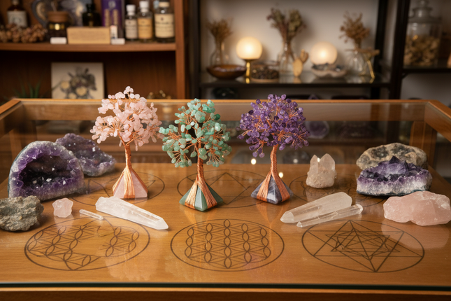 Amethyst, Rose Quartz, and Green Aventurine crystal trees displayed on sacred geometry altar.