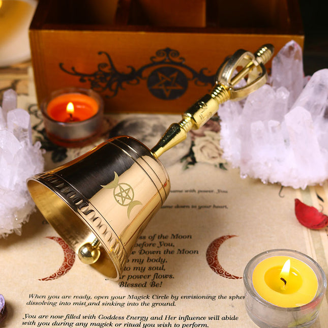 Triple Moon Pentagram Brass Bell - Witchcraft Ceremonial Ritual Tool