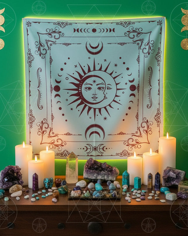 Sacred Tarot Tablecloth - Mandala & Moon Phase Divination Cloth