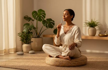 Brown Woman Using Single Breathing Necklace on Meditation Cushion